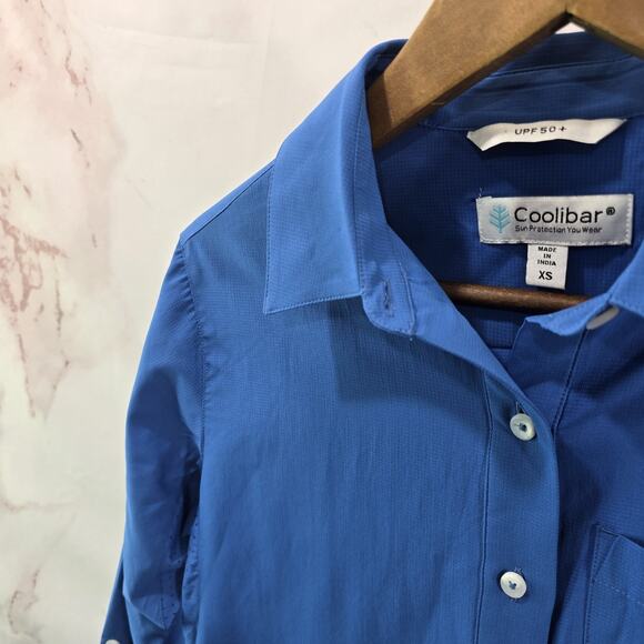 Coolibar Shirt Womens XS Blue Long Sleeve Button Sun UPF 50 Roll Up - Picture 2 of 10